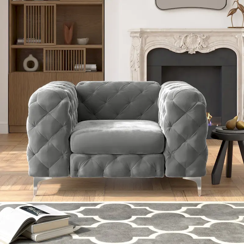 Chesterfield Club Chair - Velvet, Diamond Tufted, Chrome Legs, 46.5W x 29.5H, Single Seat