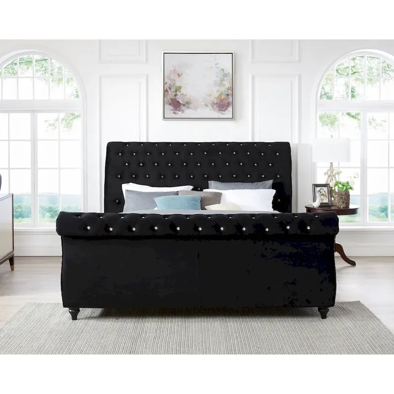 Gracewood Hollow Trivedi Black Velvet Crystal Button-tufted Sleigh Bed