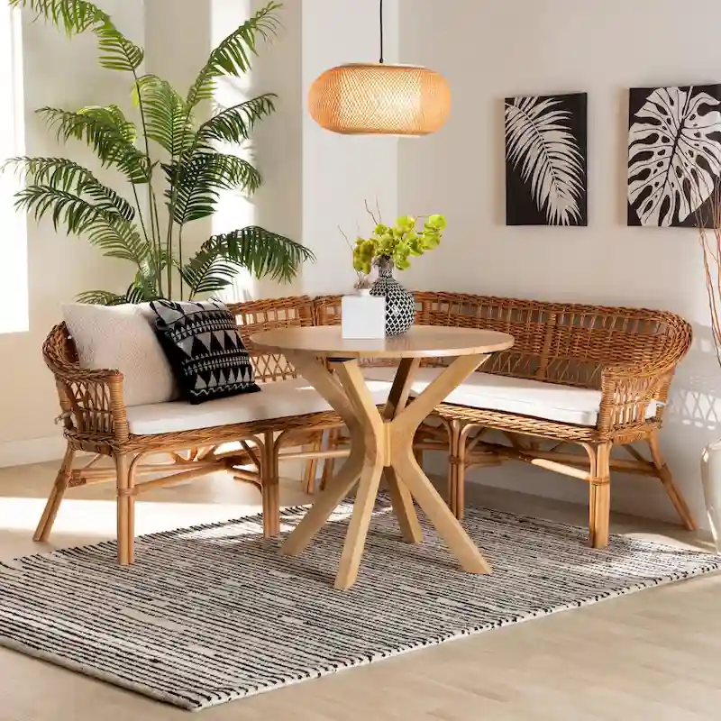 bali & pari Nella Modern Bohemian Natural Brown Rattan 2-Piece Dining Nook Banquette Set
