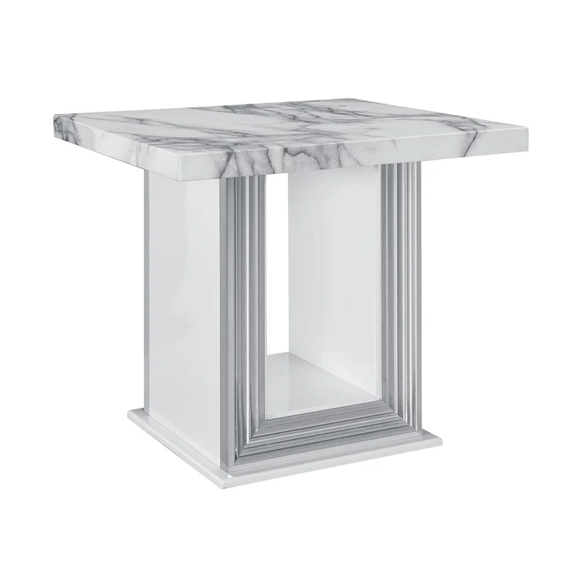 HomeRoots 24 White and Silver Faux Marble and Wood Pedestal End Table - 26' X '24.4' X '26