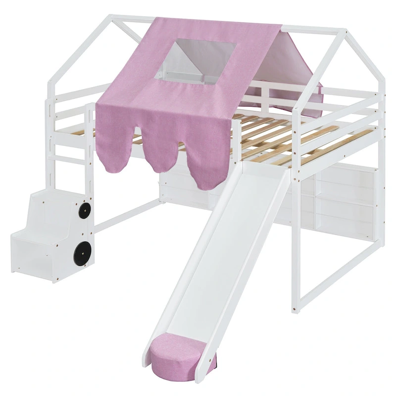 Full Loft Bed with Play Tent, House Design, Slide & Ladder