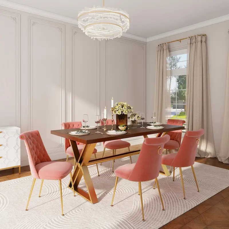 7-Piece  Walut Wood Dining Table with Velvet Chair Dining Chair