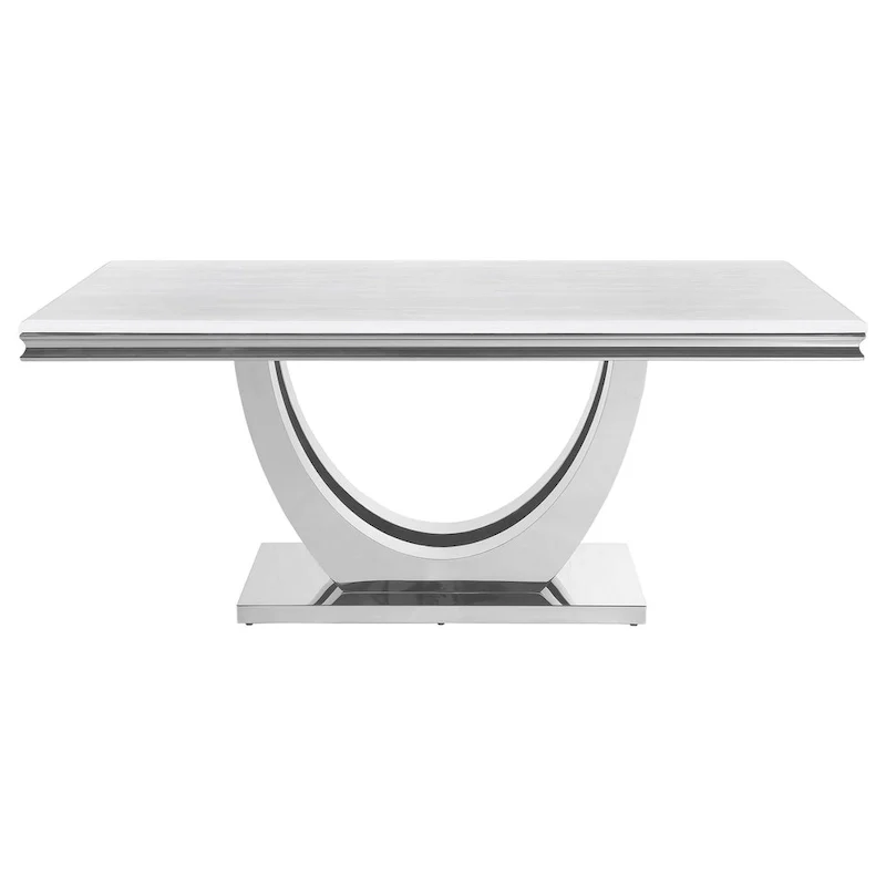 71 Inch Dining Table, Rectangular White Faux Marble Top, Pedestal Base