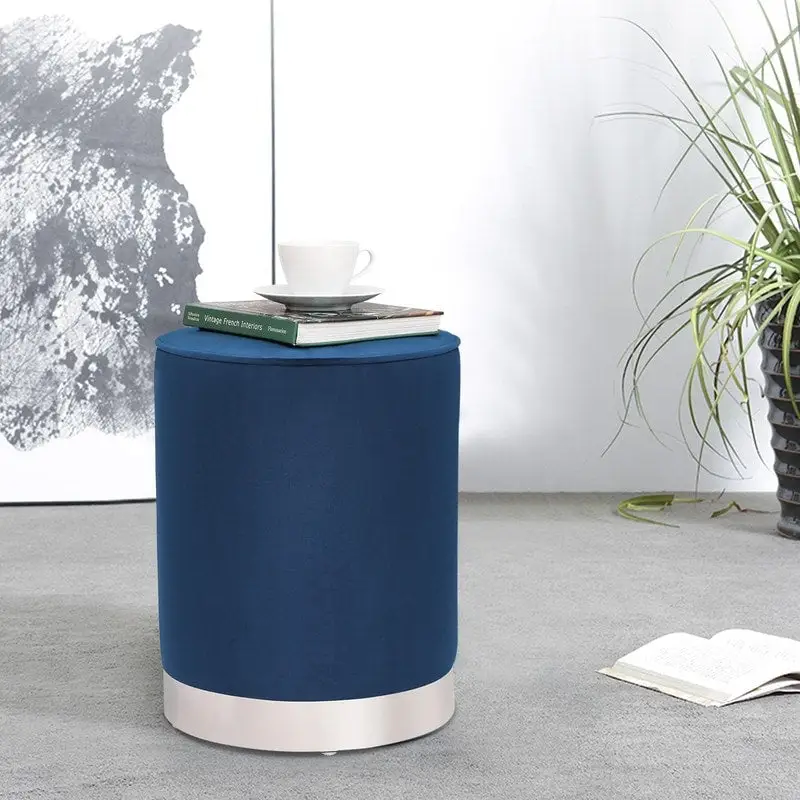 Adeco Vanity Upholstered Round Velvet Ottoman Footstool Silver Trim