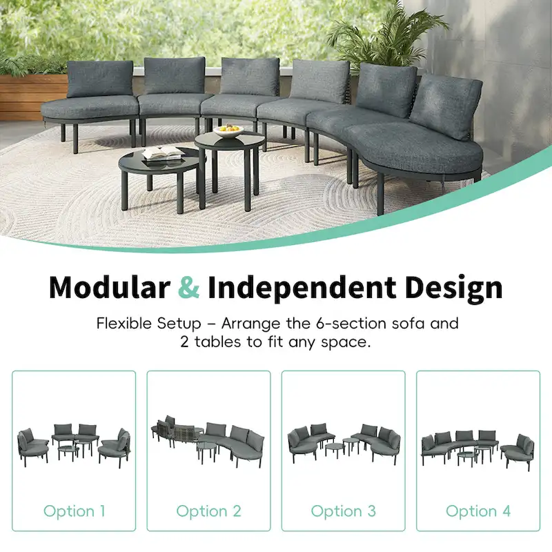 Elegant 8-Piece Modular Half Moon Patio Sofa Set with High-Low Coffee Tables