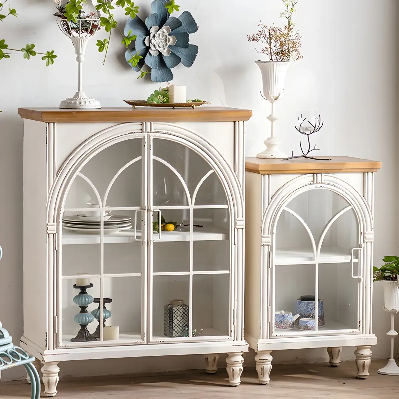 Vintage White Wood Arched Glass Door Display Cabinet