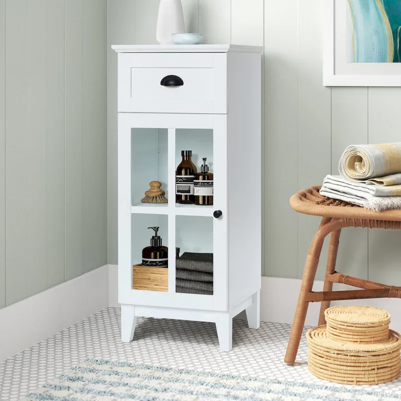 White MDF Wood Slim Bathroom Storage Cabinet and End Table - 37 H x 15.7 W x 11.8 D