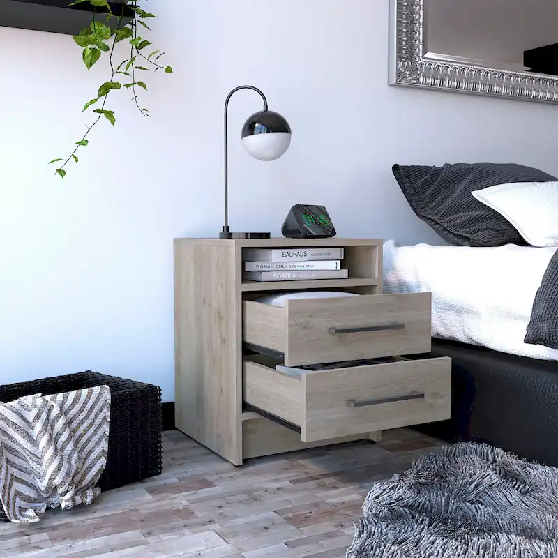 TUHOME Eter 2-Drawer Nightstand End Table with Metal Handles and Open Shelf