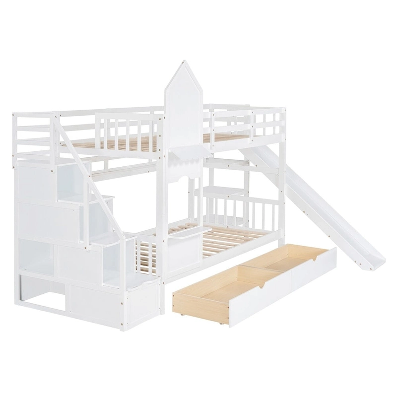 Twin-Over-Twin Castle Style Bunk Bed with Drawers,Shelves,Slide