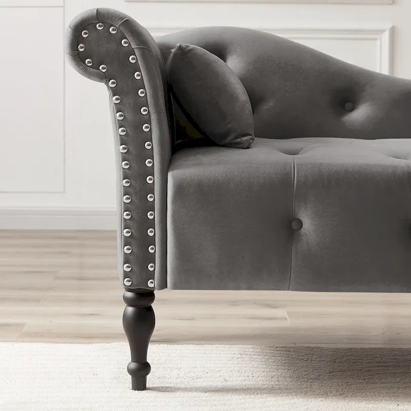 Modern 60.6  Velvet Upholstered Buttons Tufted Chaise Lounge Chair with Solid Wood Legs and Nailheads