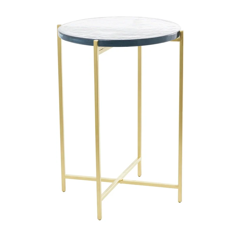 Metal X-Shaped Side End Accent Table with Textured Glass Tabletop - Gold or Black- Roche River Decor