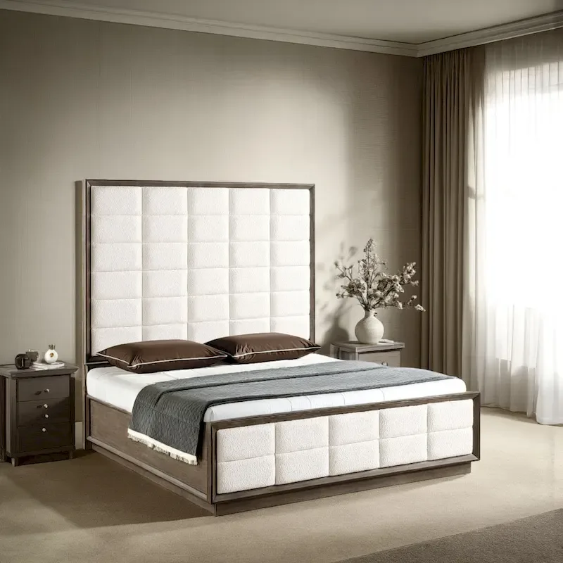 Lyni California King Bed, Grid Tufted Ivory Upholstery, Oak Brown