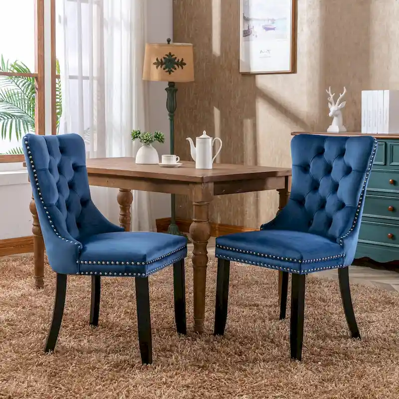 Modern Set of 2 Velvet Tufted Dining Chair with Wood Legs and Nailhead Trim