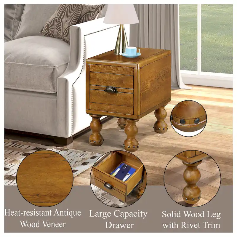 Solid Wood End Table with Drawer, 23.6 inch Narrow Side Table for Small Spaces