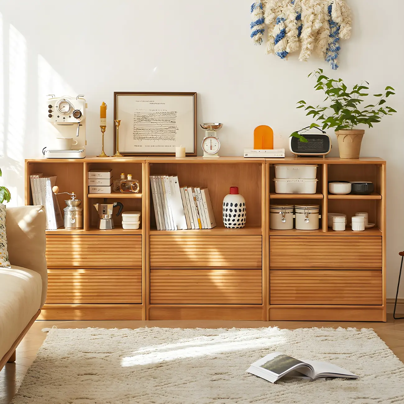 Scandinavian Light Wood 2-Shelf Bookcase with Drawers