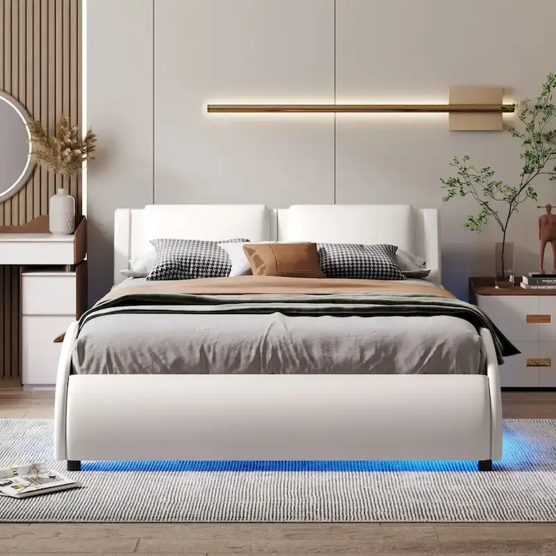 Full Size Upholstered Faux Leather Platform Bed with LED Light Bed Frame with Slatted