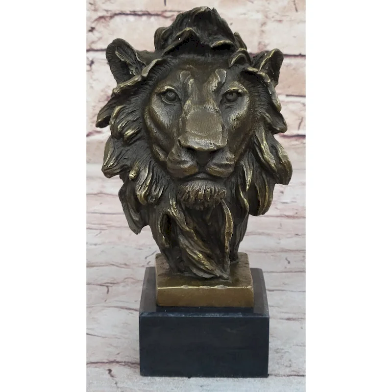 Male Lion Bronze Bust Statue Sculpture Figure On Black Marble Base Signed Barye 9 Inches X 4 Inches