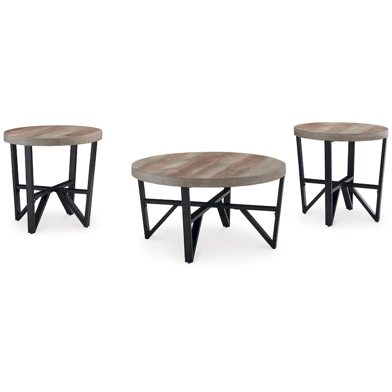 Hya 3pc Coffee and End Table Set, Brown Wood Round Top, Black Angular