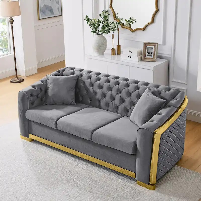 84 Luxury Chesterfield Velvet Sofa with Gold Trim