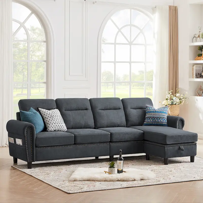 106.69 4 Seater L Shaped Reversible Sectional Sofa with Side Storage Bags