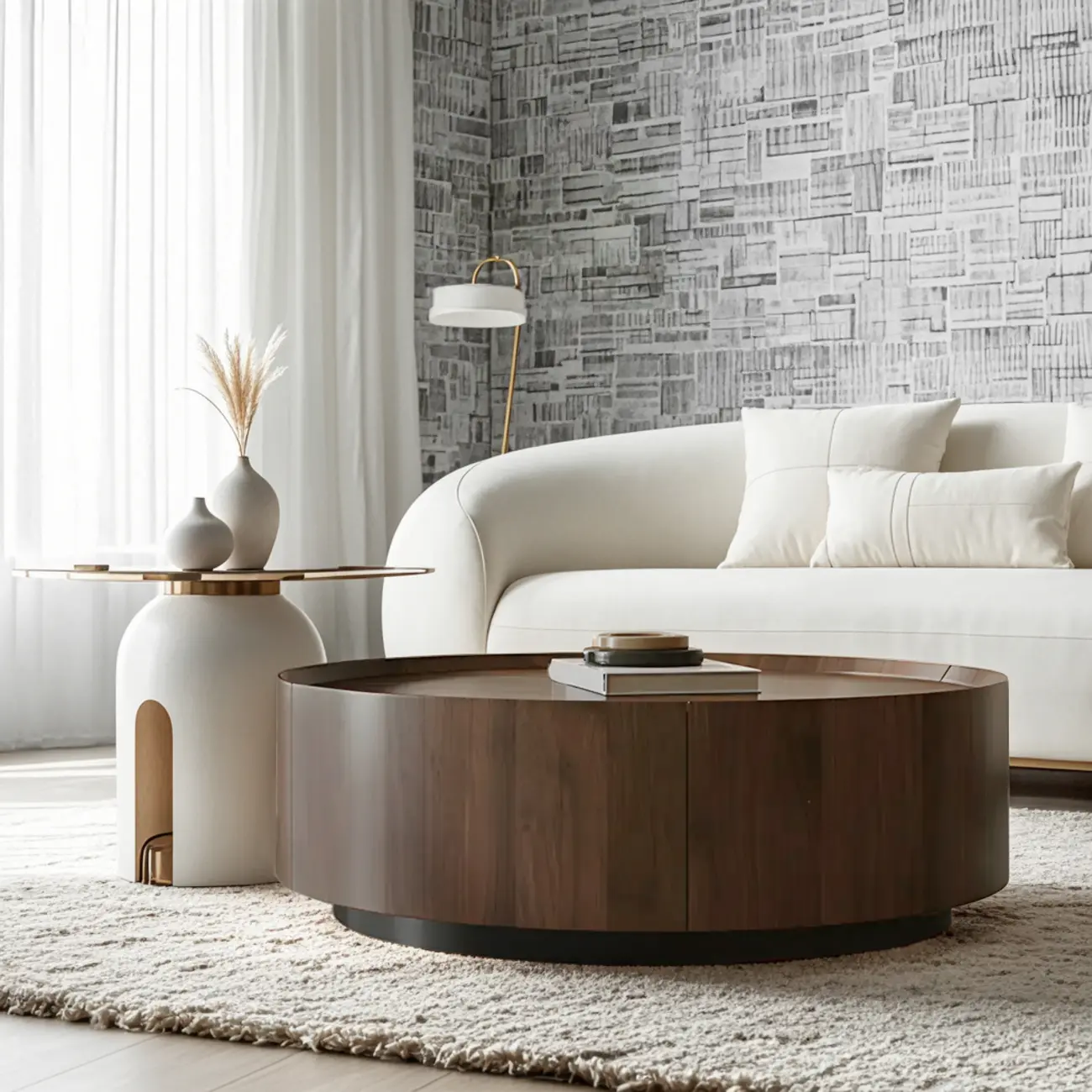 Brown Modern Stylish Round Wood Drawer Coffee Table