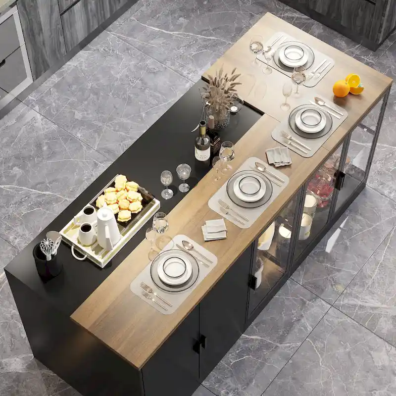 Kitchen Island with Drawers & Glass Cabinets, Converts to Office Desk