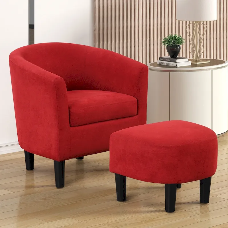 Classic Barrel Accent Chair Upholstered in Soft Polyester Fabric Footrest included