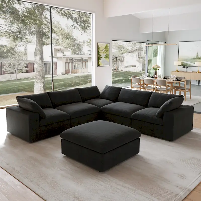 Black Commix Down Filled Overstuffed Sectional Sofa with Ottoman