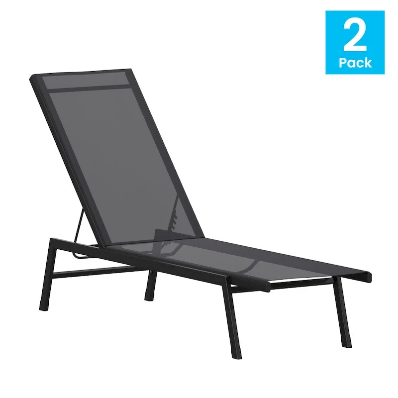 Set of 2 All-Weather Textilene Adjustable Chaise Lounge Chairs with Arms