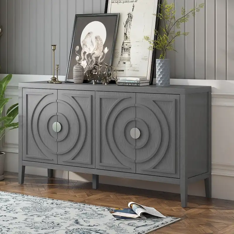 Retro Sideboard with Circular Groove Design Metal Handle