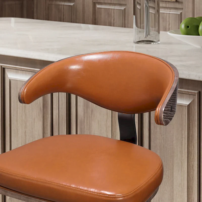 Faux Leather Swivel Adjustable Bar Stool with Wood Accents