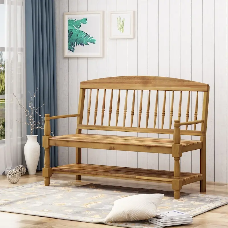 Lennon Acacia Wood Bench with Shelf by Christopher Knight Home