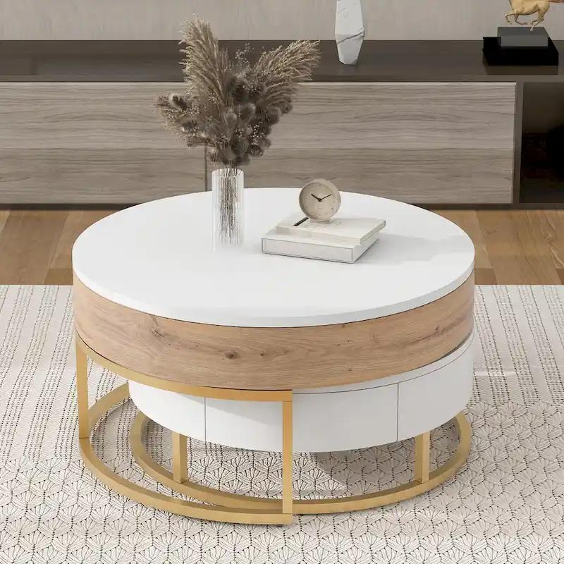 Modern Round Lift-top Nesting Coffee Tables with 2 Drawers