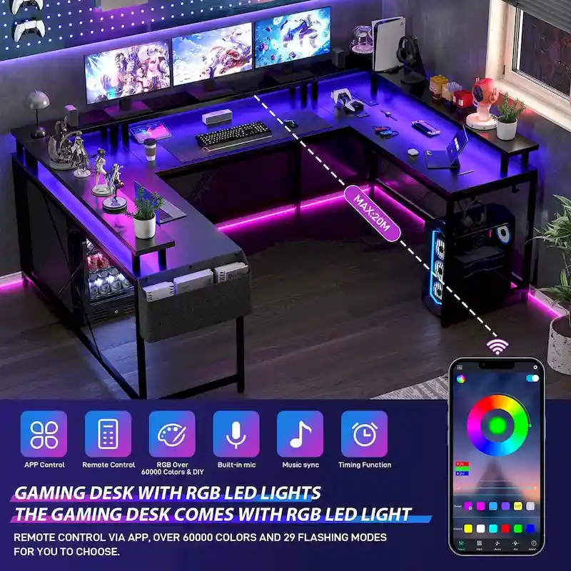 Reversible Shaped Large Computer Desk with Power Outlets