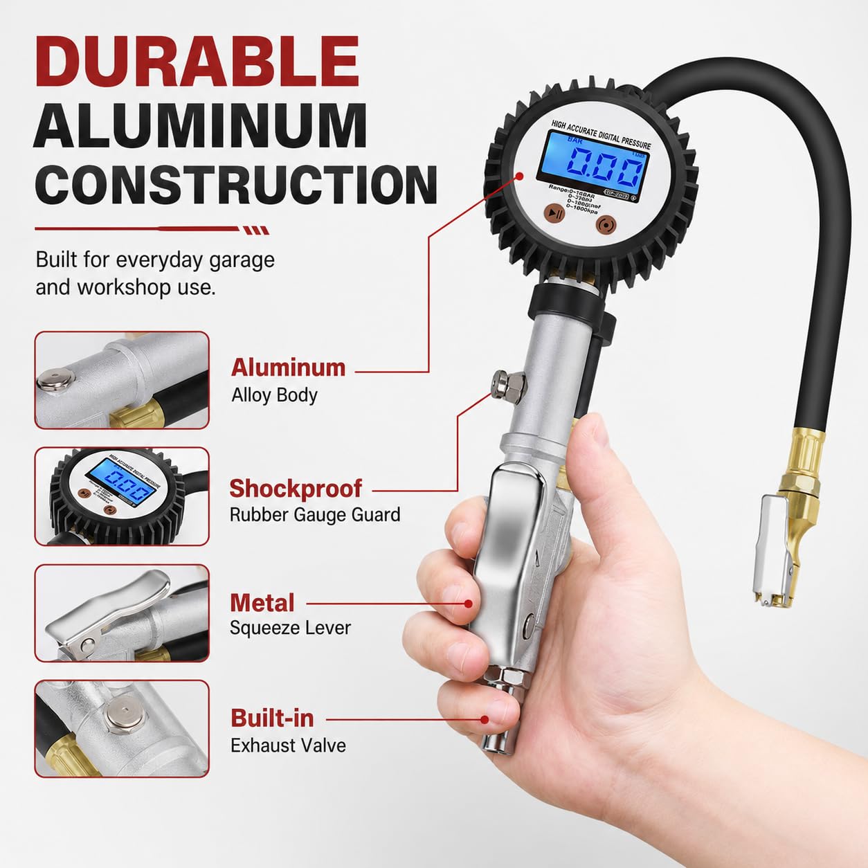SEAPENG DP-208 Digital Tire Inflator Gauge, 5-230 PSI for cars, trucks, RVs and garages