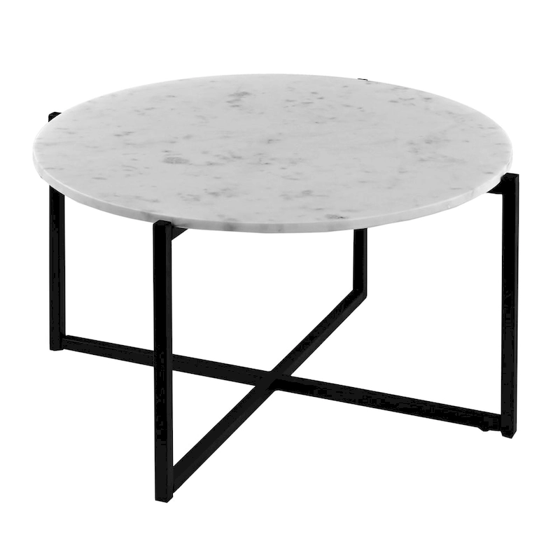 Ivy 30 Inch Marble Top Round Coffee Table with Metal Frame, White and Black