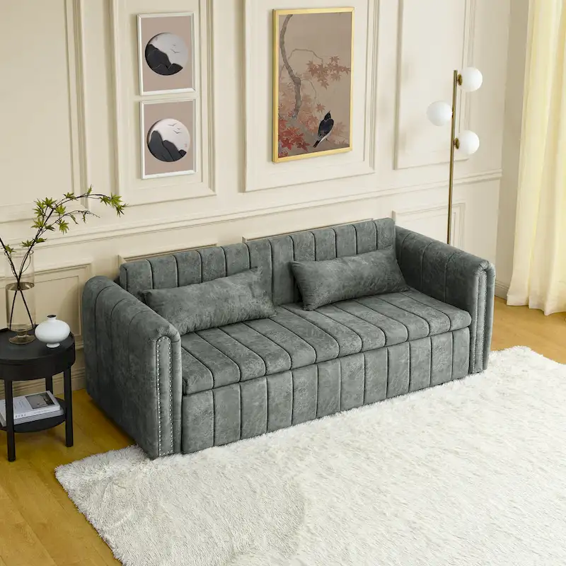 Modern 68 Foam 3 in 1 Pull-Out 3-seaters Bed Sleeper Sofa with Copper Nails and Two Drawers