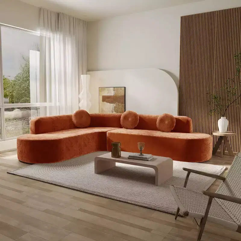 Whisen 122'' Extra Large Sectional Sofa, Elegant Fabric Upholstery Sofa Couch with Three Round Cushions , High-Resilience Foam