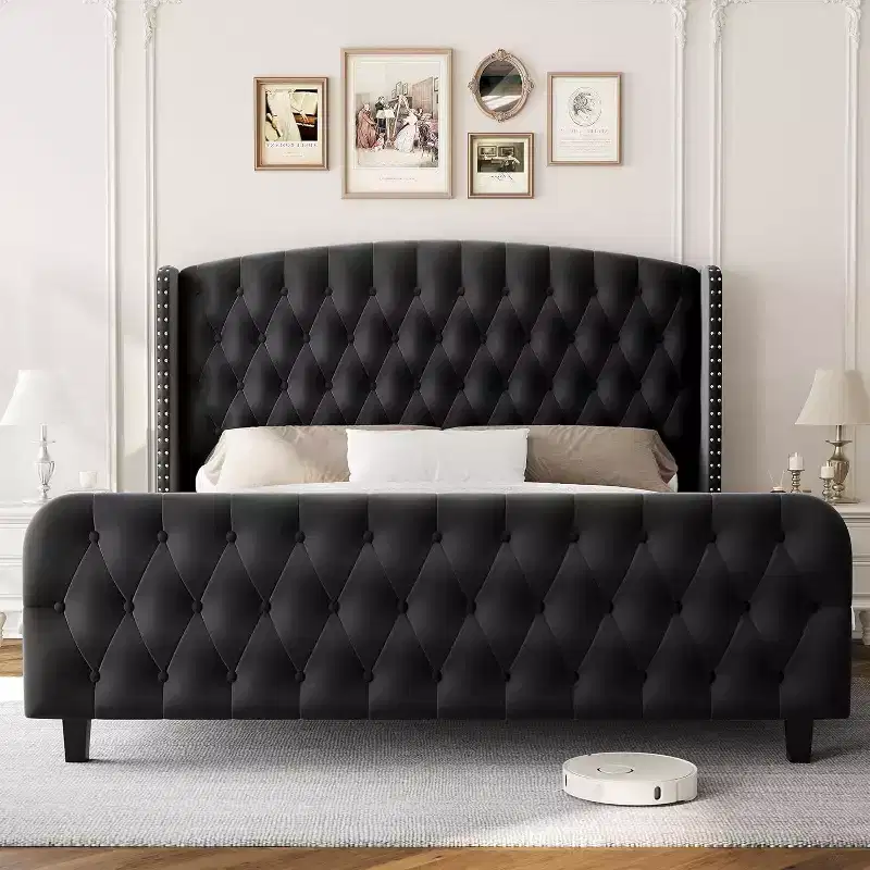 Acekool 51 Cream Velvet Queen Bed Frame - Wingback Headboard, Deep Button Tufting, No Box Spring Needed, Easy Assembly
