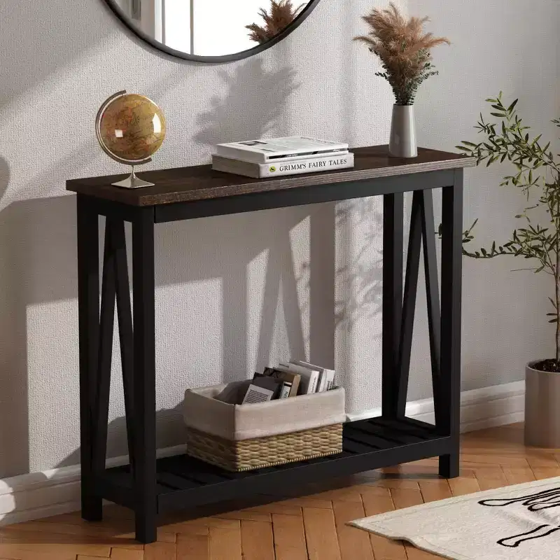 Black Frame Brown Top Rustic Console Table with Lower Shelf, 1-Person
