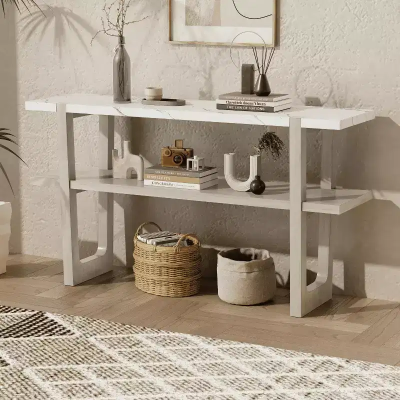 MAYEERTY Console Table with Marble Effect Top Open Shelf For Hallway Living Room Gray