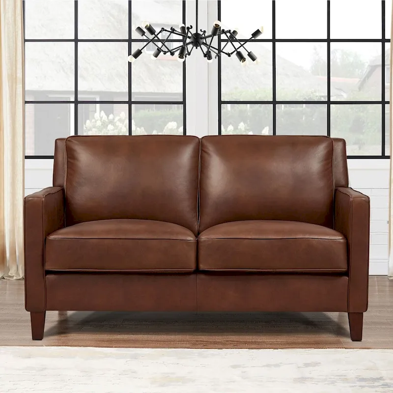 Hydeline Ashby Top Grain Leather Loveseat With Feather, Memory Foam and Springs