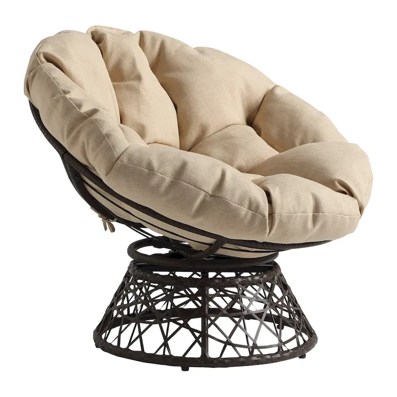 Papasan Chair with Cream Round Pillow Cushion and Brown Wicker Weave