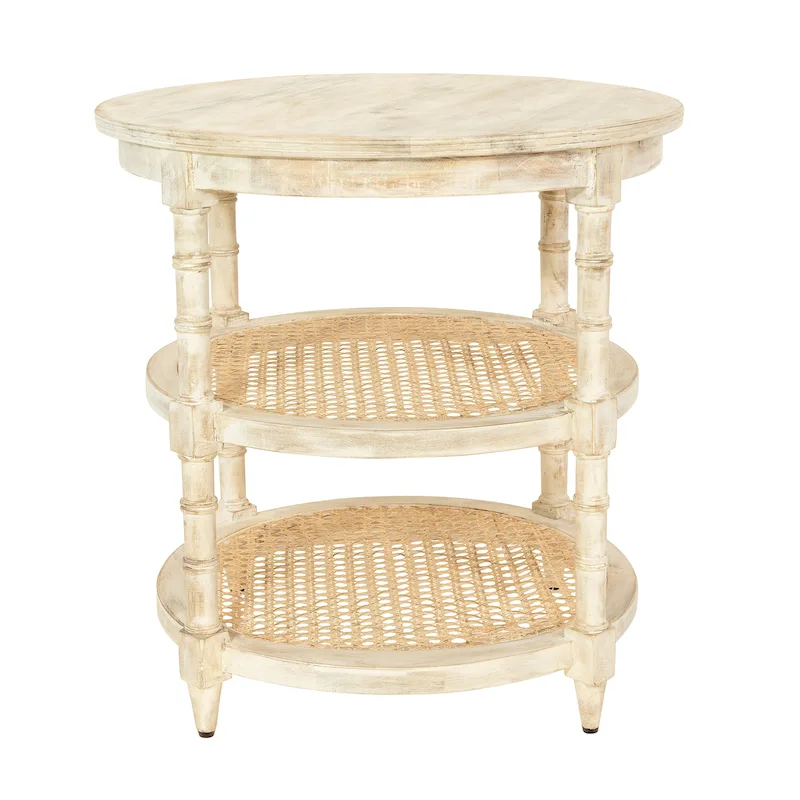 Round Mango Wood Table with 2 Cane Shelves