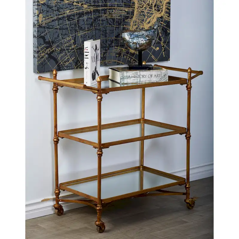 Metal Rolling 3 Mirrored Shelves Bar Cart with Handles - Brass - 18W x 35L x 33H