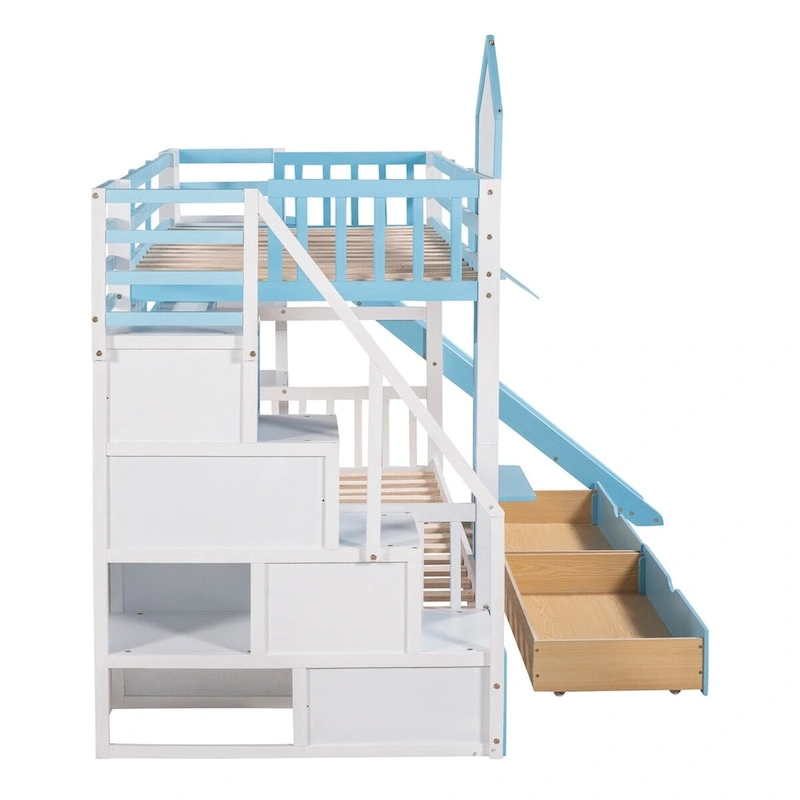 Twin-Over-Twin Castle Style Bunk Bed with Drawers,Shelves,Slide