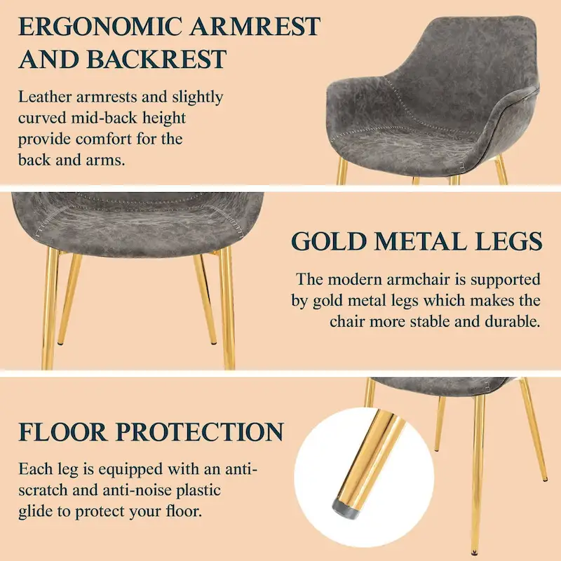 LeisureMod Dining Arm Chair w/ Gold Metal Legs Set of 2 - Light Brown - 24.5Dx25.2Wx33H