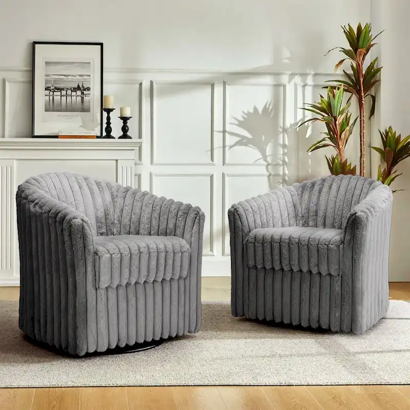 Faux Rabbit Fur Accent Chair 360-degree Swivel Barrel Chairs Set of 2