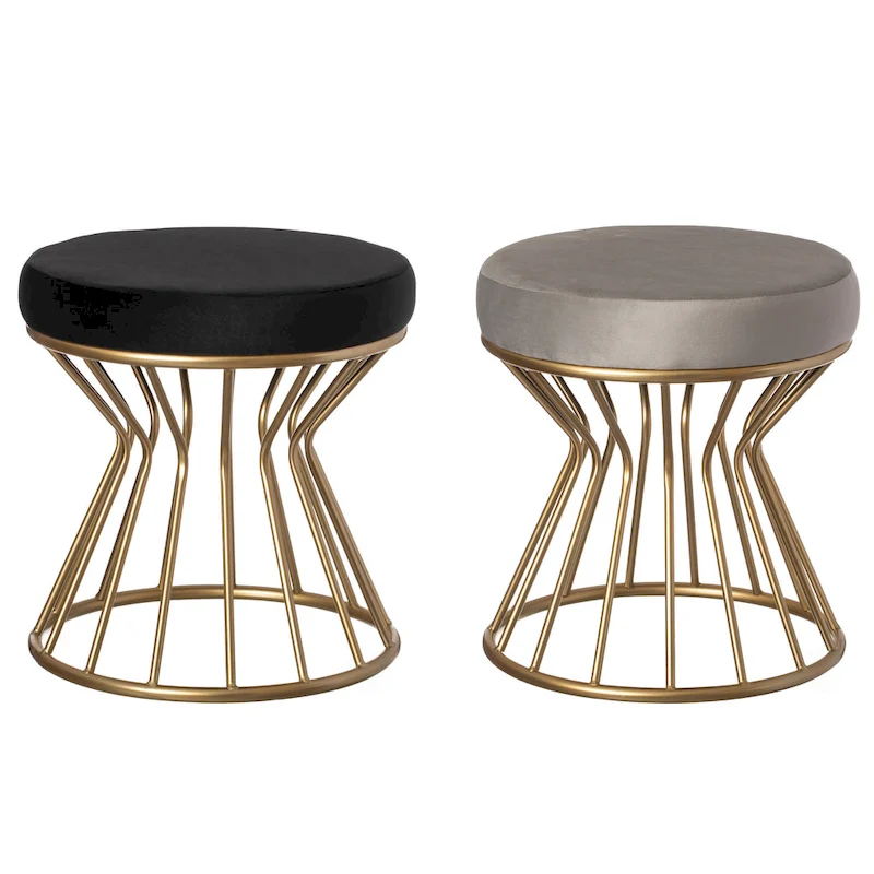 Round Velvet Ottoman Stool, Gray/Black, Gold Metal Base, Modern, 17.75