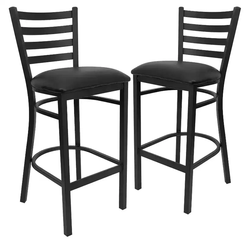 Black Metal Frame Ladder Back Barstool, Multi-Color Seat — Set of 2